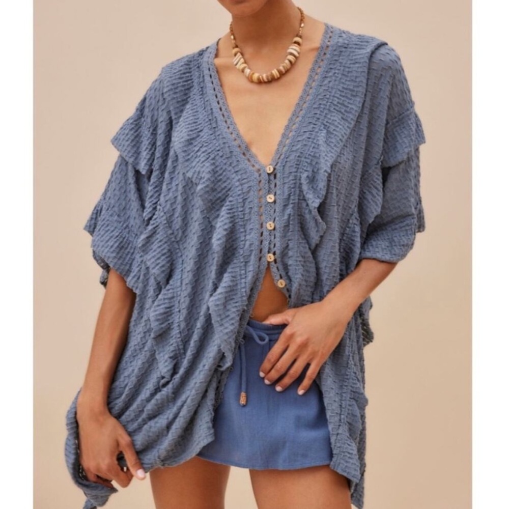 Free People Blue Ruffled Tunic size small flint stone blue